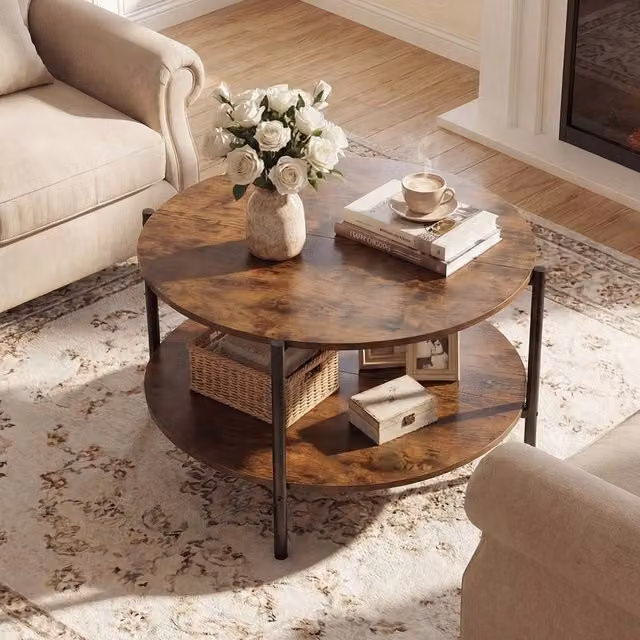 KORVIXA Modern Round Coffee Table with Brown Matt Metal Frame, Diameter: 100 cm, Height: 47 cm – 1