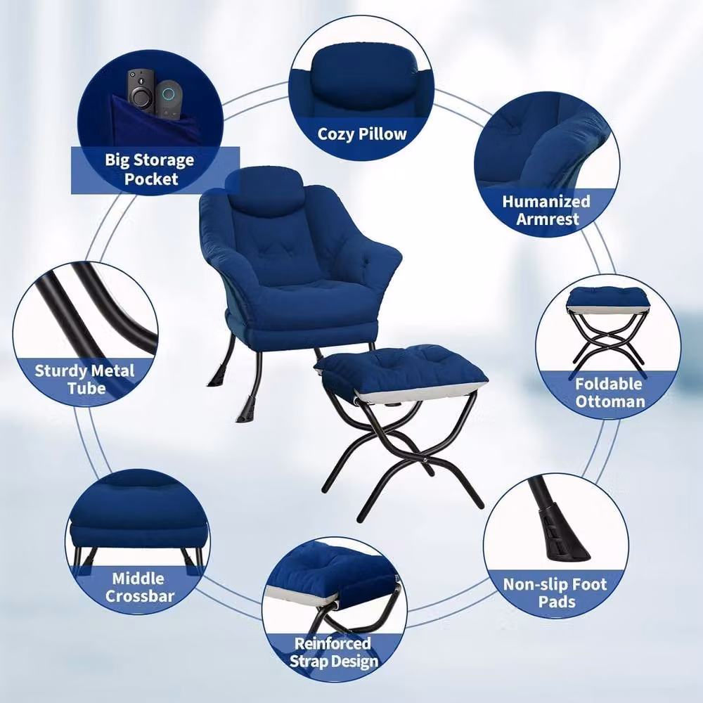 London Boutique Modern Blue Fabric Lounge Chair Set with Ottoman and Integrated Side Pocket – 2