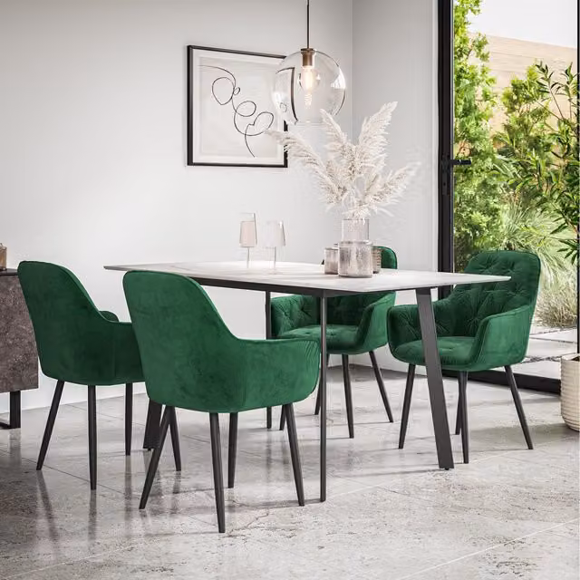 More4Homes Haydon Extending Marble Effect Dining Table Set with 4-6 Green Velvet Anika Chairs