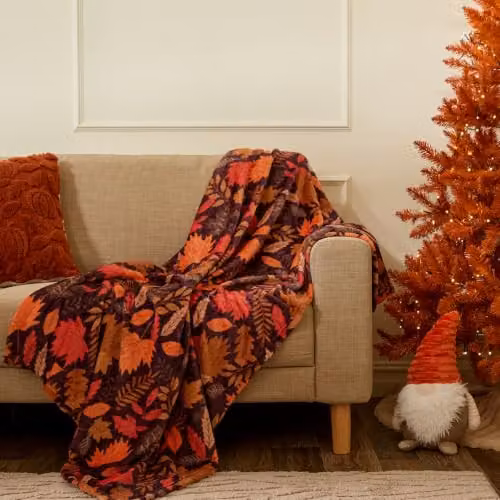 OHS Autumn Print Flannel Fleece Throw Blanket in Red, W/D/H: 125 x 150 cm – 1