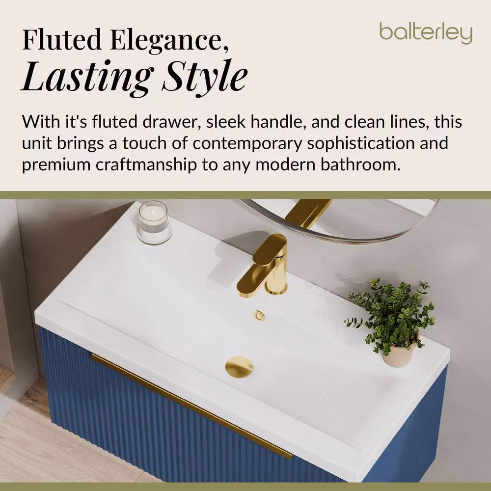 Balterley Fluted Front Wall Hung 1 Drawer Vanity Basin Unit, Satin Blue, Width: 80 cm – 3