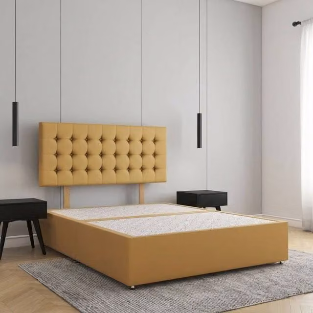 REGIONAL FURNISHINGS Plush Velvet Divan Bed Base with 24 inch Headboard in Mustard Yellow, Small Double, W/D/H: 120 x 200 cm