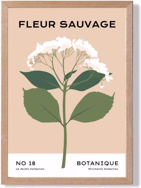 ARTZE Beige and Green Wildflower Flower Market Minimalist Framed Botanical Print with Oak Frame, A4