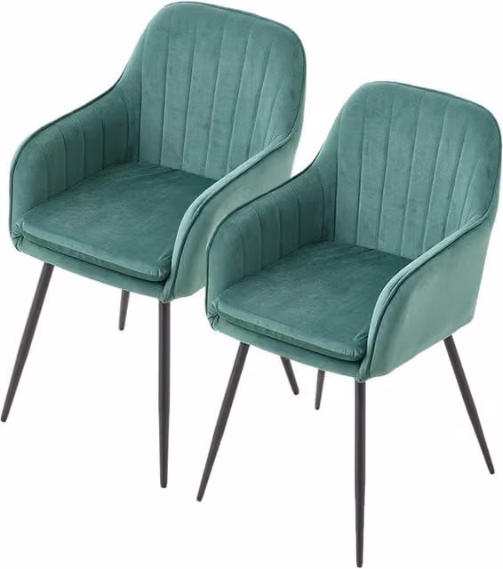 Living and Home Set of 2 Green Velvet Dining Chairs with Black Metal Legs