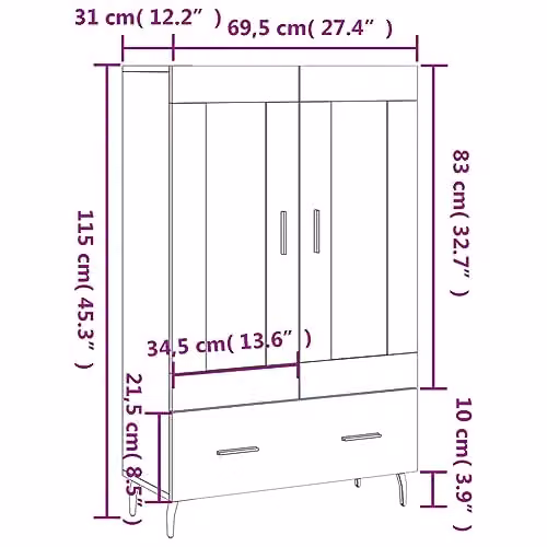 vidaXL Modern Grey Highboard with Hinged Doors and Drawers, W/D/H: 69.5 x 31 x 115 cm – 3