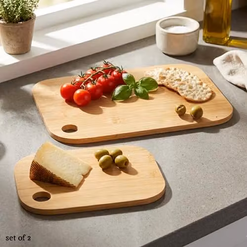 Premier Housewares Set of 2 Natural Brown Bamboo Rectangular Cutting and Serving Boards with Handles – 3