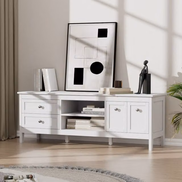 Livingandhome Classic White Matt Wooden TV Stand Cabinet