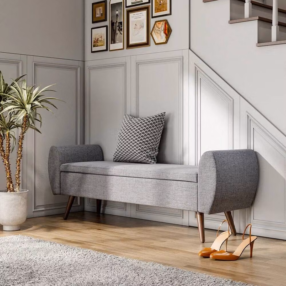 KORVIXA Grey Linen Fabric Upholstered Storage Pouffe Bench W/D/H: 100 x 100 x 55 cm – 3