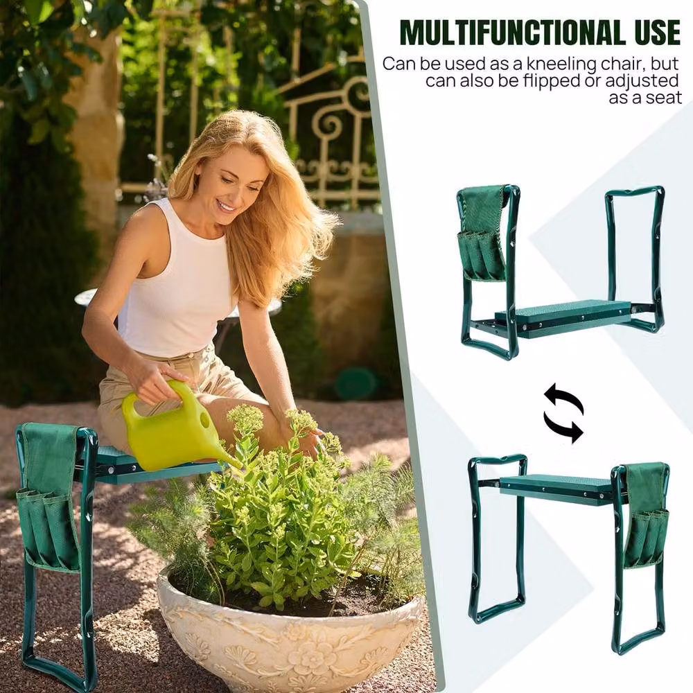 VOGREX 2-in-1 Folding Padded Garden Kneeler Seat with Tool Bag, Green – 5