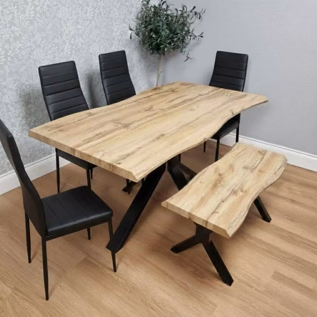 KOSY KOALA Brown Wooden Rectangular Dining Table Set with 4 Black Leather Chairs and Bench – 1
