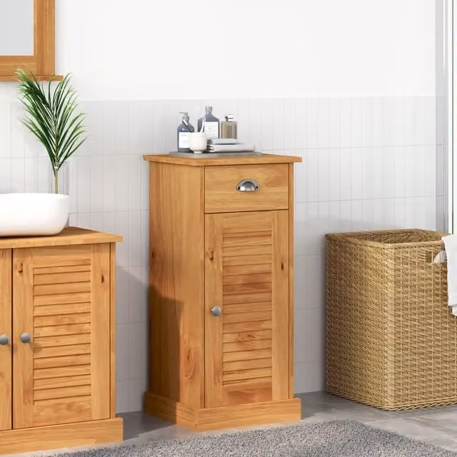 Berkfield Home VIGO Bathroom Cabinet in Brown Solid Pine Wood with Drawer and Shelves, W/D/H: 37 x 34 x 80 cm – 1