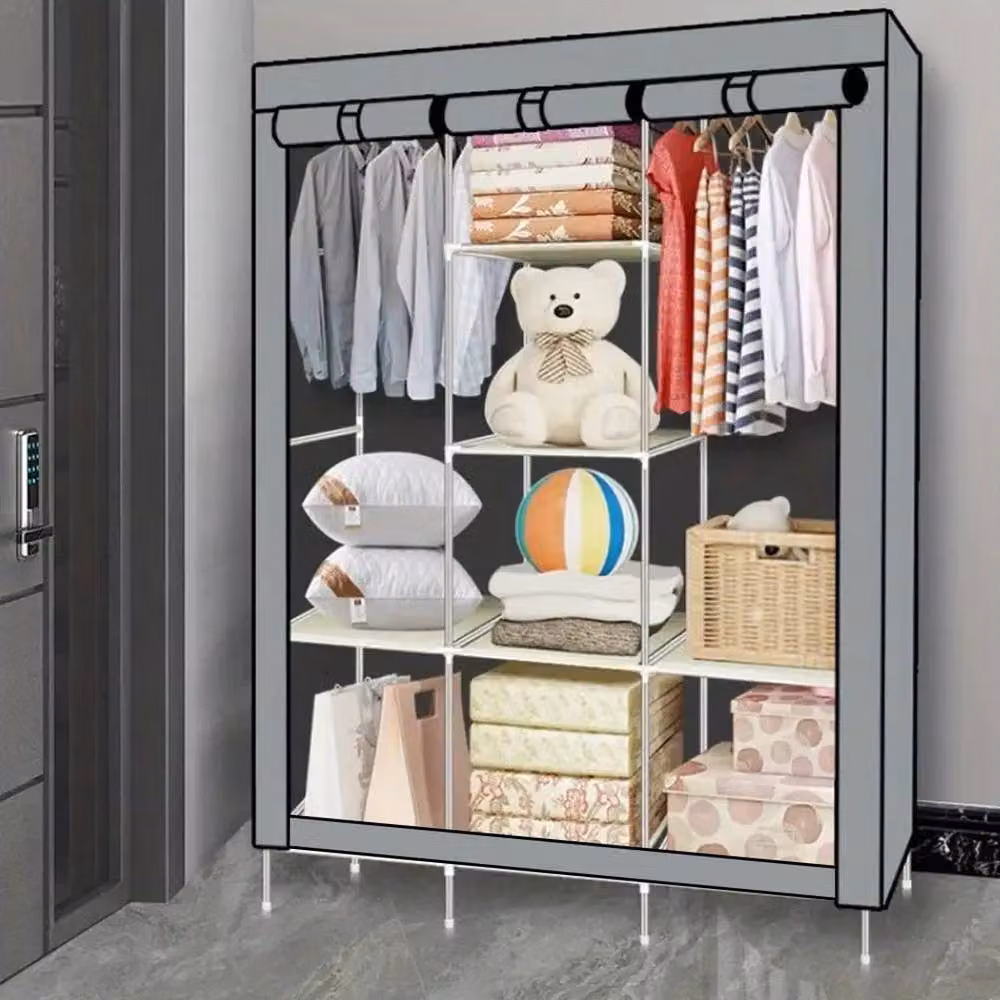 PAWNORA Grey Canvas Clothes Storage Wardrobe with Hanging Rail and Shelving, H 170.0 cm x W 128.0 cm – 4