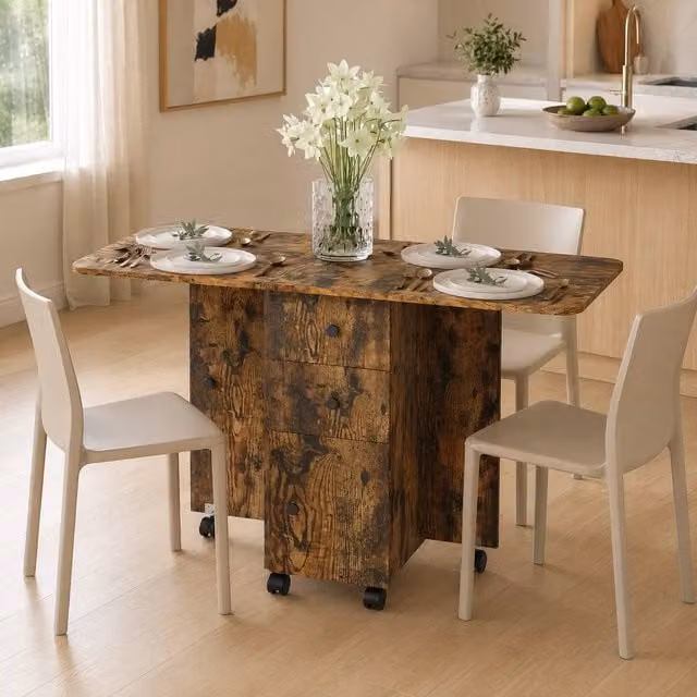 STILVORA Rustic Brown Drop Leaf Dining Table with Storage