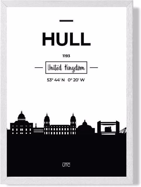 ARTZE Hull Black and White City Skyline Framed Paper Poster with White Frame, A4