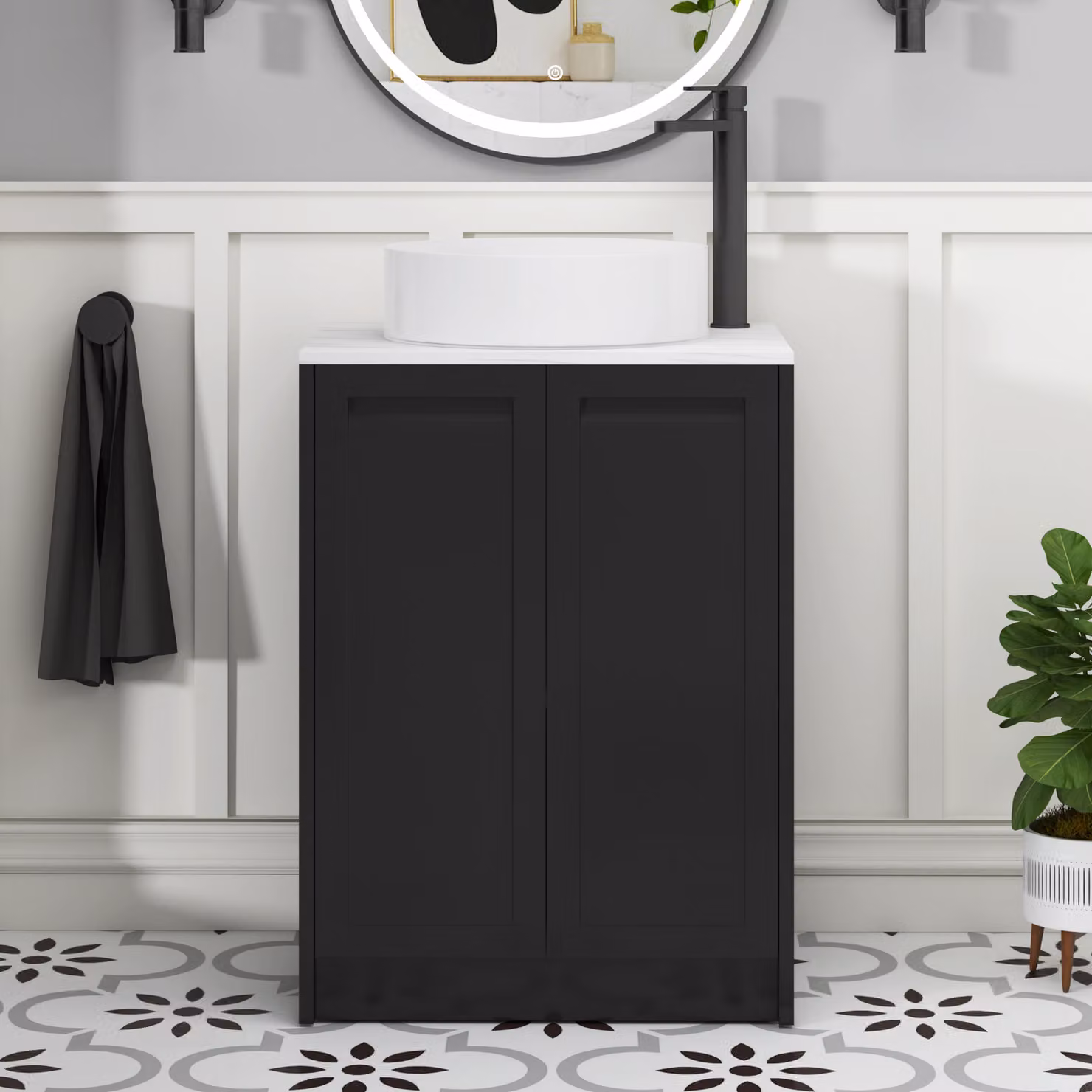Royal Bathrooms Elmore 2 Door Floor Standing Bathroom Vanity Unit in Matt Nocturne Black with Carrara White Stone Worktop