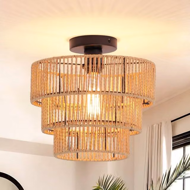 Garwarm Boho Geometric Rattan Pendant Light in Beige and Black – 1