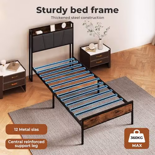 Levede Modern Upholstered Metal Bed Frame with Side Compartments and Bedside Shelf in Brown, W/D/H: 90.5 x 190 x 30 cm – 9