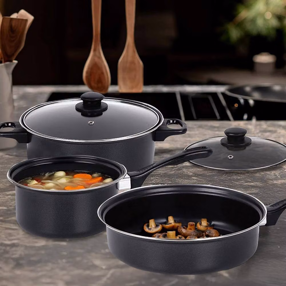 BARGAINS-GALORE 8-Piece Non-Stick Cookware Set in Black with Saucepans, Frying Pan and Lids – 2