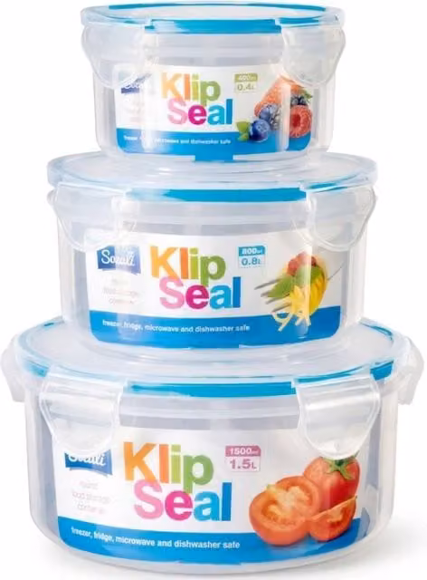 Bedsland SZ 3-Piece Round KlipSeal Airtight Food Container Set, Blue, 1.5 l, 0.8 l and 0.4 l – 1