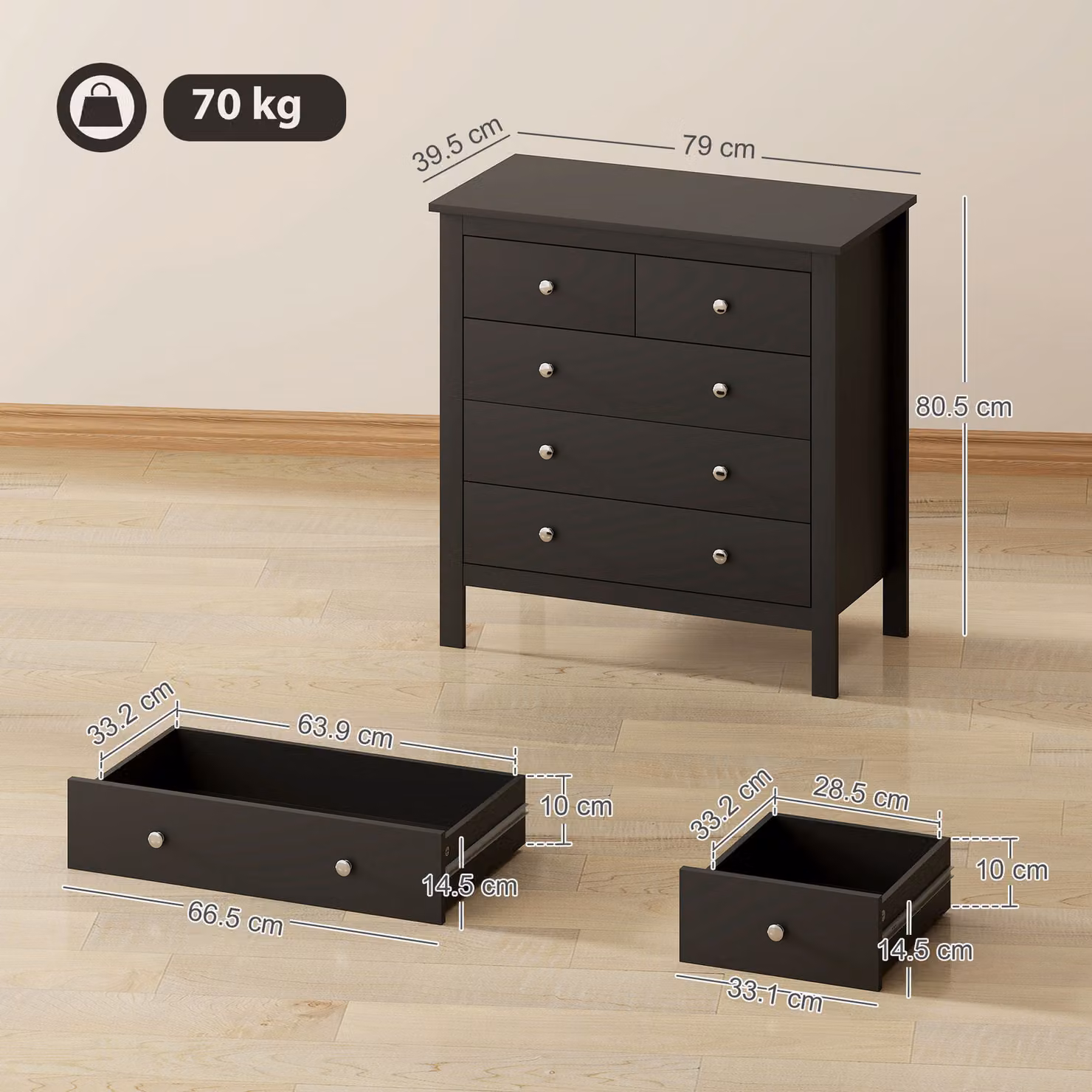 HOMCOM Modern 5 Drawer Dresser and Wide Storage Chest in Black – 3