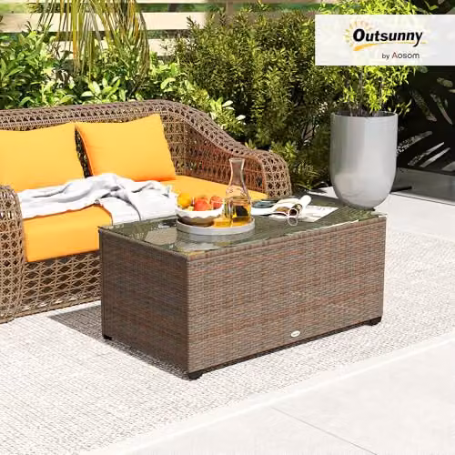 Outsunny Brown Rattan Outdoor Coffee Table with Glass Top, W/D/H: 90 x 50 x 38 cm – 2