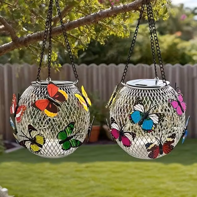 FORGEVIO 2-Piece Silver Metal Hanging Butterfly Solar LED Garden Lights with Warm White Glow