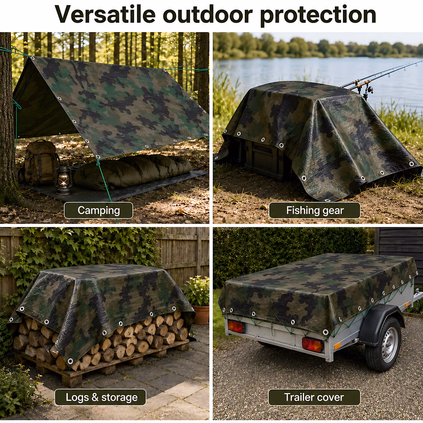 SolaDirect Multicolour Camouflage Tarpaulin, Heavy-Duty Waterproof 85gsm, W: 8 m, L: 10 m with 10 m Elastic Tie Rope – 3