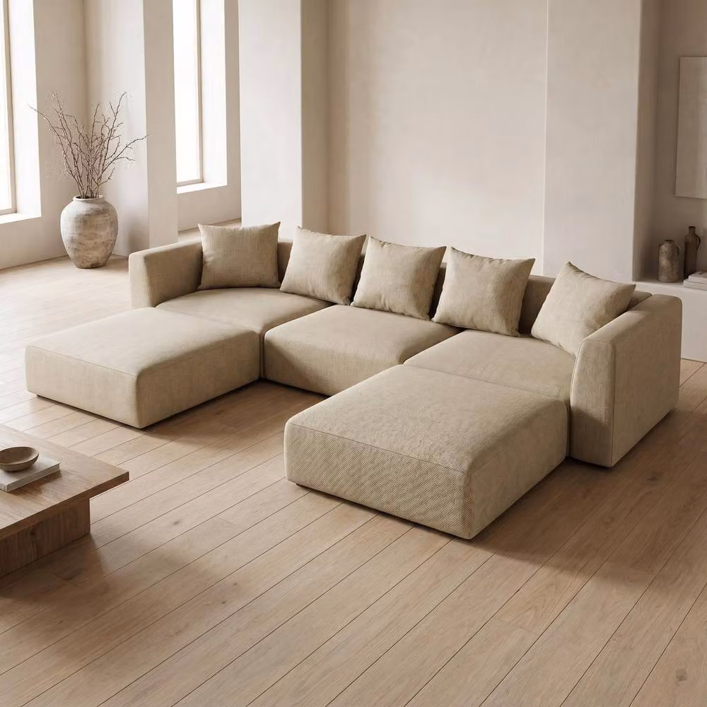Abakus Direct Tokyo U-Shape Modular Sofa in Beige Basket Weave Fabric with Bamboo and Rattan Details – 2