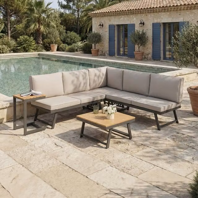 Home Garden Direct Monaco Lounge Corner Sofa Set with Grey Cushions and Natural Polywood Top