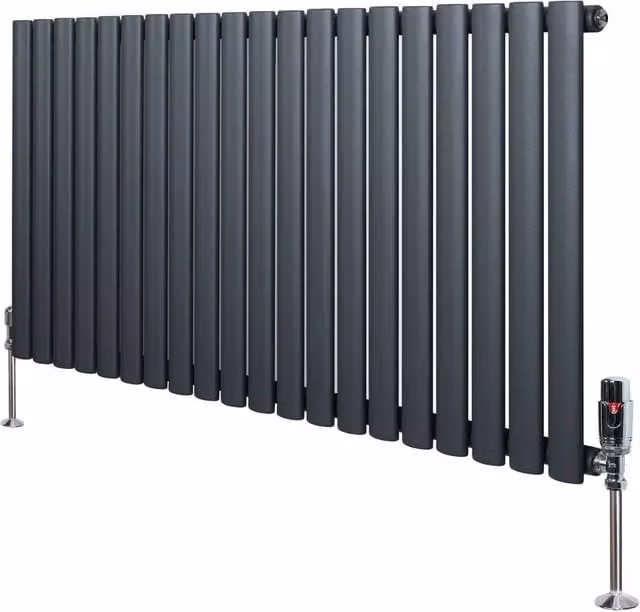 Monstershop Oval Single Column Steel Radiator and Valves with Thermostat Head, Anthracite Grey, H: 1200 mm, W: 60 mm – 1