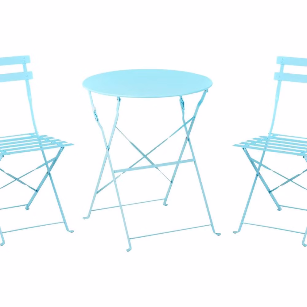 Wyld and Coco Blue Metal 3-Piece Bistro Set with 2 Slatted Chairs and Round Table – 2