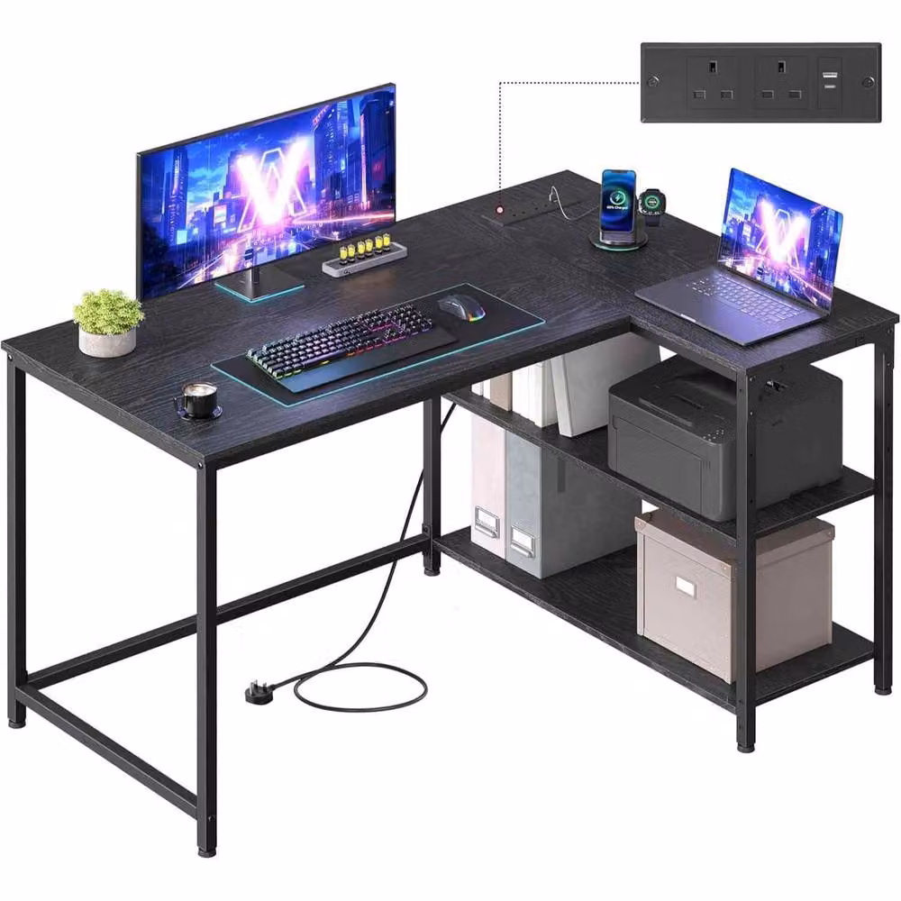 The Bazaarist L-Shaped Gaming Desk with Power Outlets and Shelves in Jet Black – 2