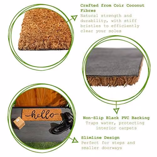 Nicola Spring Hello Coir Step Mats, Pack of 2, Brown, W: 60 cm, D: 20 cm, H: 1.5 cm – 3