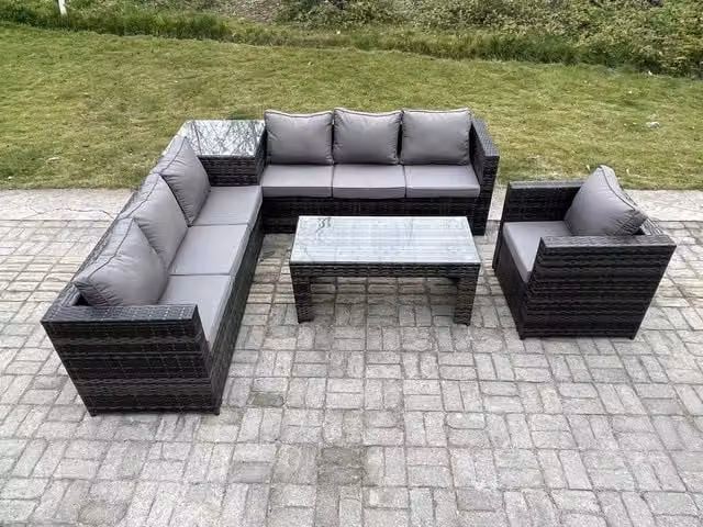 Fimous 7 Seater Rattan Corner Sofa Set with Square Side Table, Oblong Coffee Table and Armchair in Dark Grey