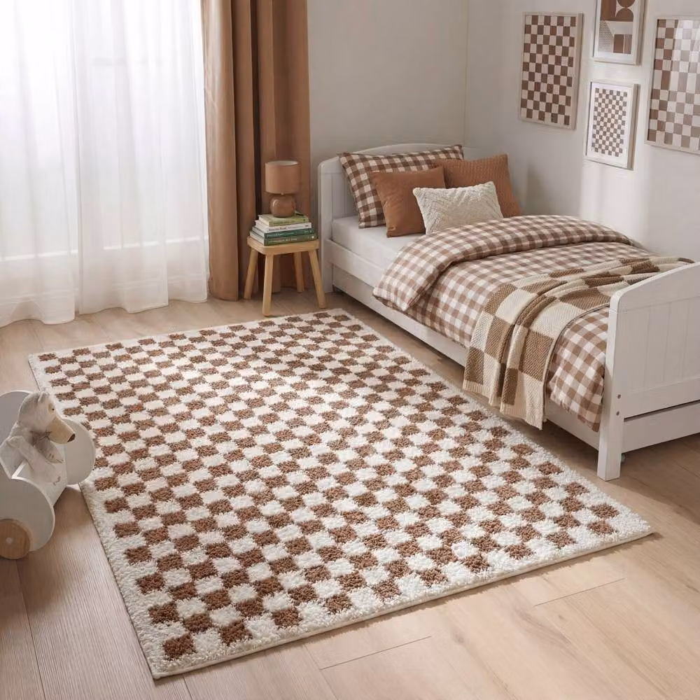 THE RUGS Moodi Chequered Shaggy High Pile Living Room Rug and Runner in Terracotta, W: 80 cm, L: 300 cm – 2