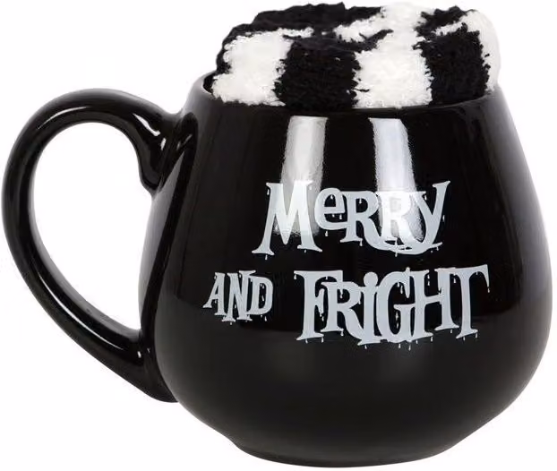 KDMD Merry & Fright Unisex Mug and Striped Socks Set in Black and White – 1