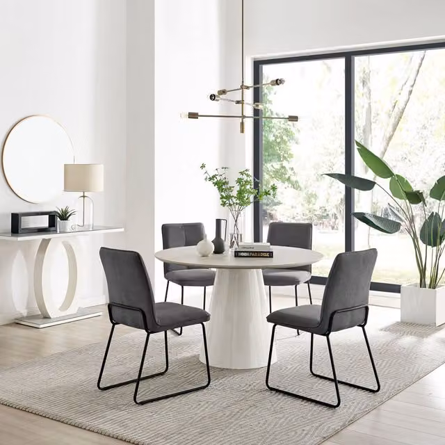 Furniturebox Palma Beige Stone Effect Round Dining Table and 4 Halle Chairs in Dark Grey