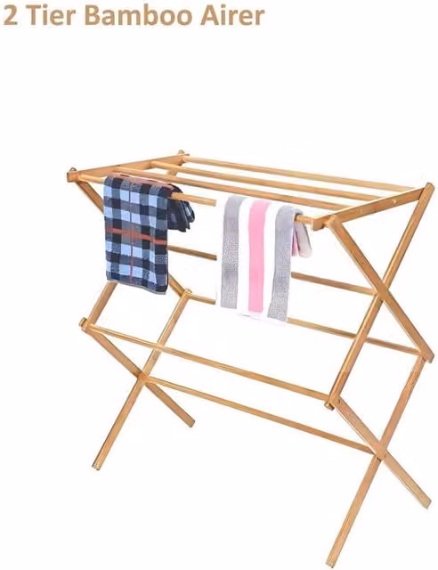 PAWNORA Foldable 2 Tier Bamboo Clothes Airer in Natural Brown