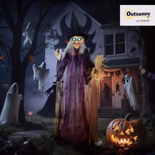 Outsunny Voice Activated Halloween Animatronics Standing Witch with Broomstick, Purple, Height: 183 cm – 2
