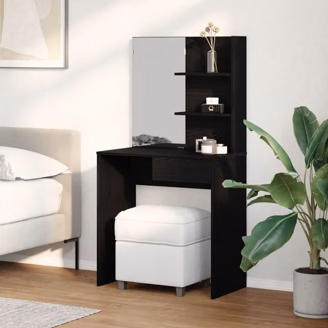 Berkfield Home Black Oak Dressing Table with Mirror, W: 74.5 cm, D: 40 cm, H: 141 cm