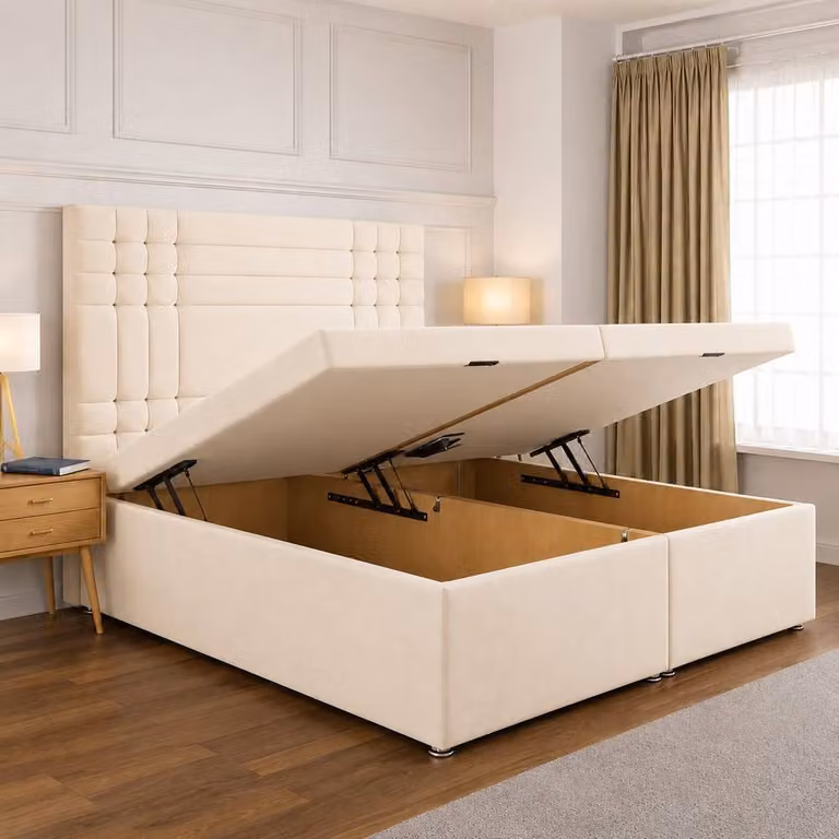 Soft Snooze Beds Modern Upholstered Ottoman Storage Bed with Panelled Headboard in Pink, W/D: 140 x 200 cm