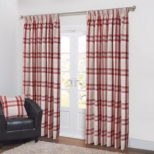 Divante Red Checked Thermal Insulating Fabric Panel Curtains with Pencil Pleat Tape, Height: 229 cm