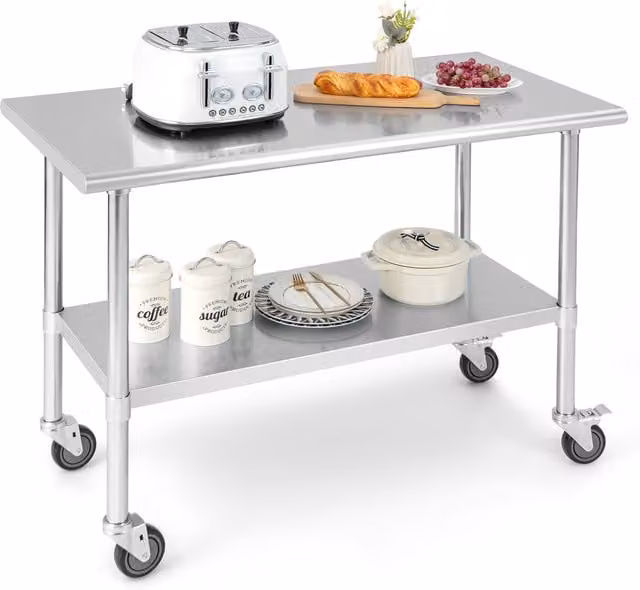 Costway Silver Stainless Steel Industrial Kitchen Table with Castors and Rounded Rectangular Edges