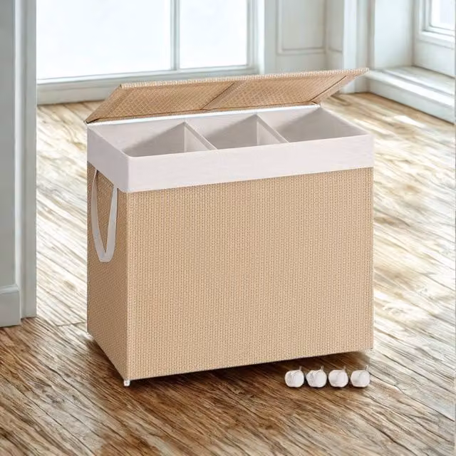 Pirlo Plush 140L Triple Laundry Basket with Lid and Removable Lining in Beige – 1