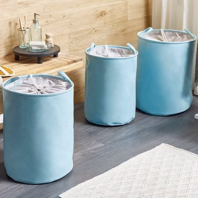 Wyld and Coco 3-Pack Round Cotton Fabric Drawstring Storage Baskets with Covers, Blue – 1