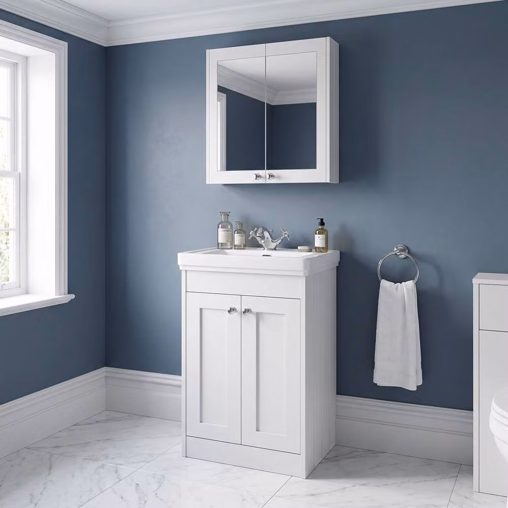 Balterley 500mm Floor Standing 2 Door Bathroom Unit with Basin and 1 Tap Hole in Satin White – 3