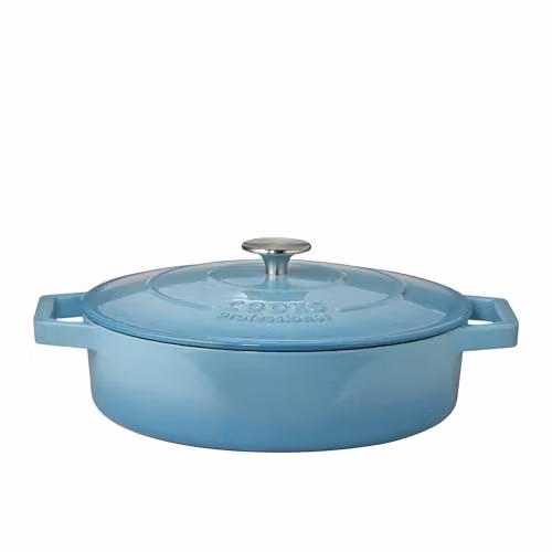 Cooks Professional Blue Enamelled Cast Iron Shallow Casserole Dish with Lid and Handles, 4.3 l, 28 cm