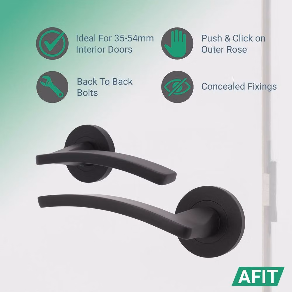 AFIT Matt Black Aluminium Fire Door Handle and Bathroom Lock Set with Hinges – 2