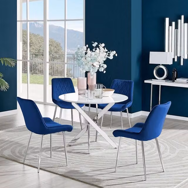 FurnitureboxUK Novara White High Gloss Round Dining Table with 4 Pesaro Silver Chairs in Navy Blue