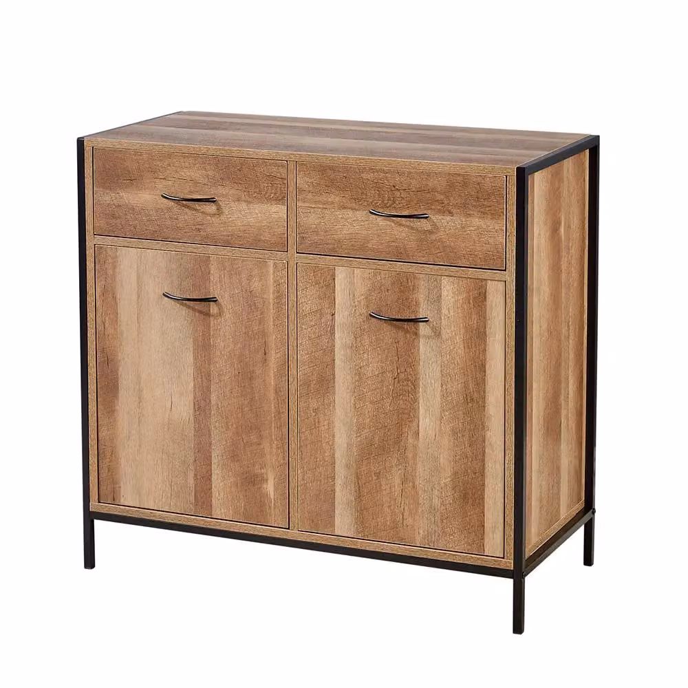 Home Source Compact Sideboard Chest with Drawers in Natural Oak Finish and Black Metal Accents – 3